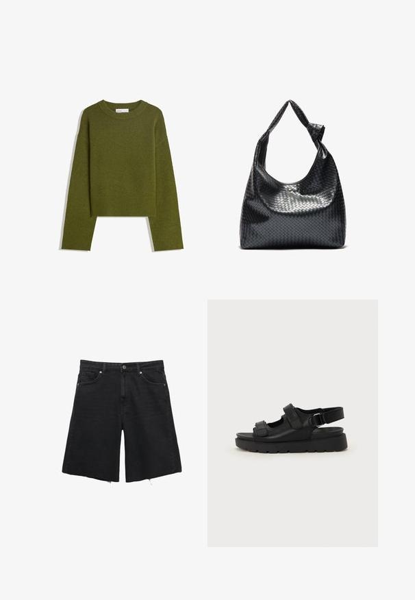Oliivihreä neulepaita, jossa on pyöreä kaula-aukko, pitkät hihat ja ribattu helma. Sisältää lyhennetyn muotoilun pehmeällä, teksturoidulla pinnalla.; Mustat farkkushortsit rentoa mittaa, joissa on nappikiinnitys, viisi taskua ja hiertyneet reunat. Sileä pinta ilman näkyviä kuvioita.; Musta nahkasandaalit paksulla pohjalla, säädettävillä remmeillä ja leikatuilla yksityiskohdilla hengittävyyden parantamiseksi. Suora pinta, jossa matta viimeistely.; Musta kudottu nahkabag, jossa on rento muotoilu, ja jossa on solmittu hihna sekä pieni koristeellinen kultatappi ylhäällä.