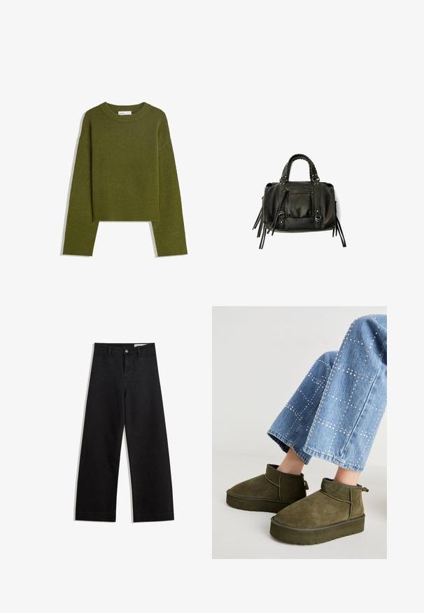 Olive green knitted sweater with a round neck, long sleeves, and ribbed hem. Features a cropped design with a soft, textured finish.; Black wide-leg denim pants with a high waist, featuring front and back pockets, stitched seams, and a button closure. Smooth texture.; Olive green suede ankle boots with a thick, textured sole and pull tab. Paired with light blue, embellished denim jeans.; Black leather handbag with braided handles, zipper pocket, and hanging tassels. Textured surface with metal studs and hardware accents.