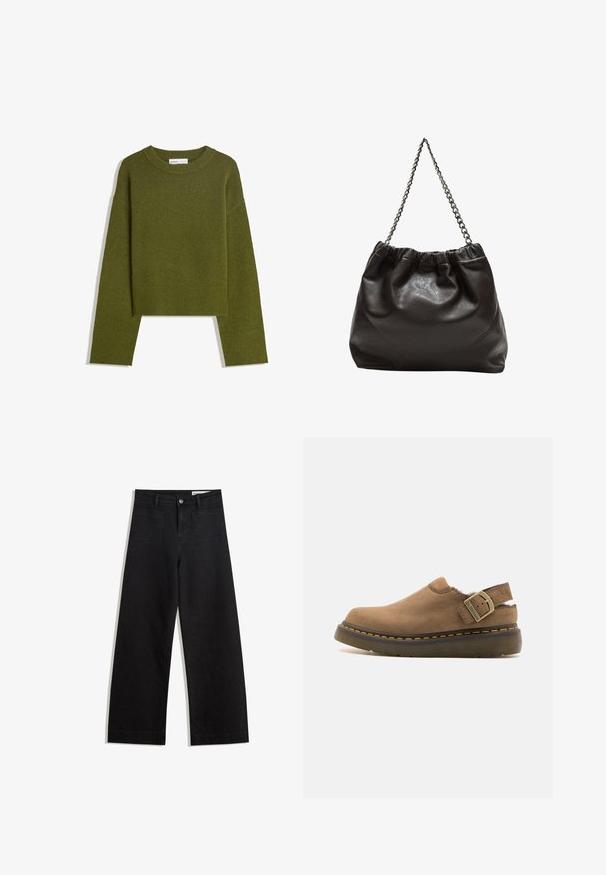 Olivově zelený pletený svetr s kulatým výstřihem, dlouhými rukávy a žebrovaným lemem. Má zkrácený střih a měkký, texturovaný povrch.; Černé denimové kalhoty s volným střihem a vysokým pasem, vybavené předními a zadními kapsami, prošívanými švy a knoflíkovým zapínáním. Hladká textura.; Dr. Martens LAKETEN - Polobotky - dark khaki/buttersoft; Hnědá kožená taška se sbíraným vrškem a řetízkovým popruhem. Hladký povrch s lesklým finišem a jemným švem na bocích.