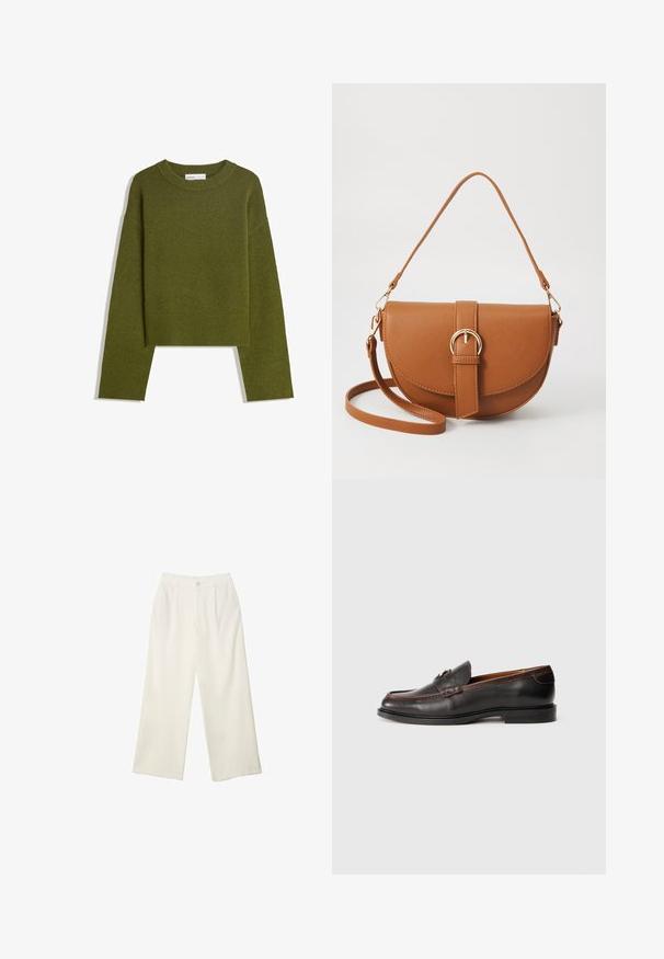 Pull en maille vert olive avec col rond, manches longues et ourlet côtelé. Présente un design court avec une finition douce et texturée.; Pantalons à jambes larges en tissu crème avec une texture lisse, dotés d'un seul bouton à l'avant, de plis subtils et d'un design taille haute.; Mocassins en cuir noir avec une finition lisse, bout rond et détails cousus. Présente un talon bas et un design minimaliste.; Sac bandoulière en cuir marron avec une forme incurvée, quincaillerie dorée et un accent en boucle. Comprend une bandoulière détachable.