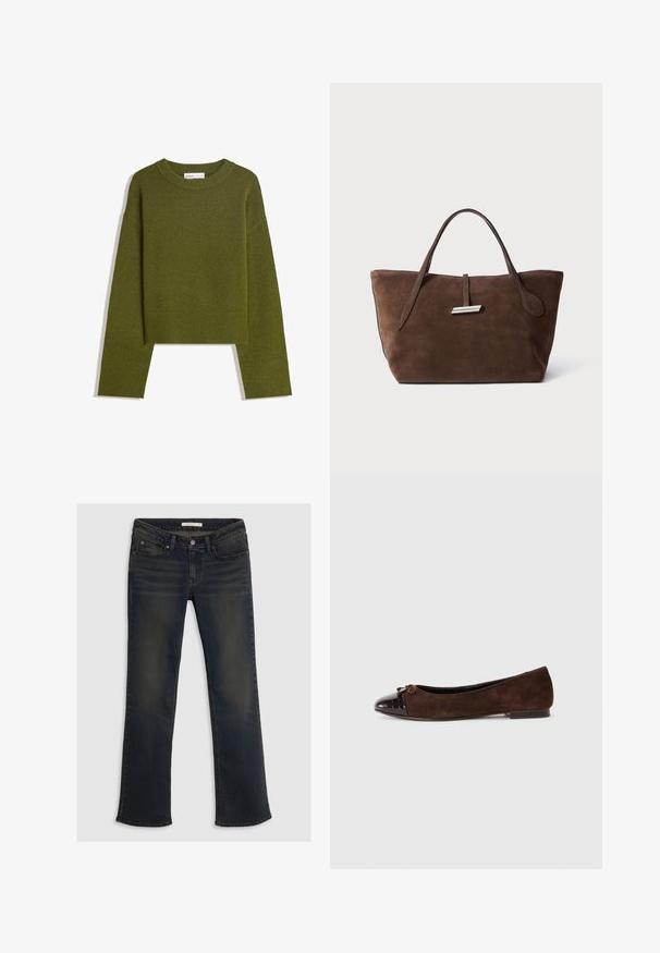 Olivgrüner Strickpullover mit Rundhalsausschnitt, langen Ärmeln und geripptem Saum. Verfügt über ein kurzes Design mit einer weichen, strukturierten Oberfläche.; Dunkelblaue Jeans aus Denim mit geradem Beinschnitt, fünf Taschen und dezenten Ausbleichdetails. Verschluss mit oberem Knopf und Gürtelschlaufen.; Braune Wildleder-Balletschuhe mit einer glänzenden dunkelbraunen Lackleder-Zehenkappe und einem kleinen Schleifenakzent vorne. Flacher Absatz.; Braune Wildleder-Tote mit zwei weichen Griffen, einem vertikalen Riemen mit silbernem Akzent und einem weiten, offenen oberen Bereich. Glatte Textur, minimalistisches Design.