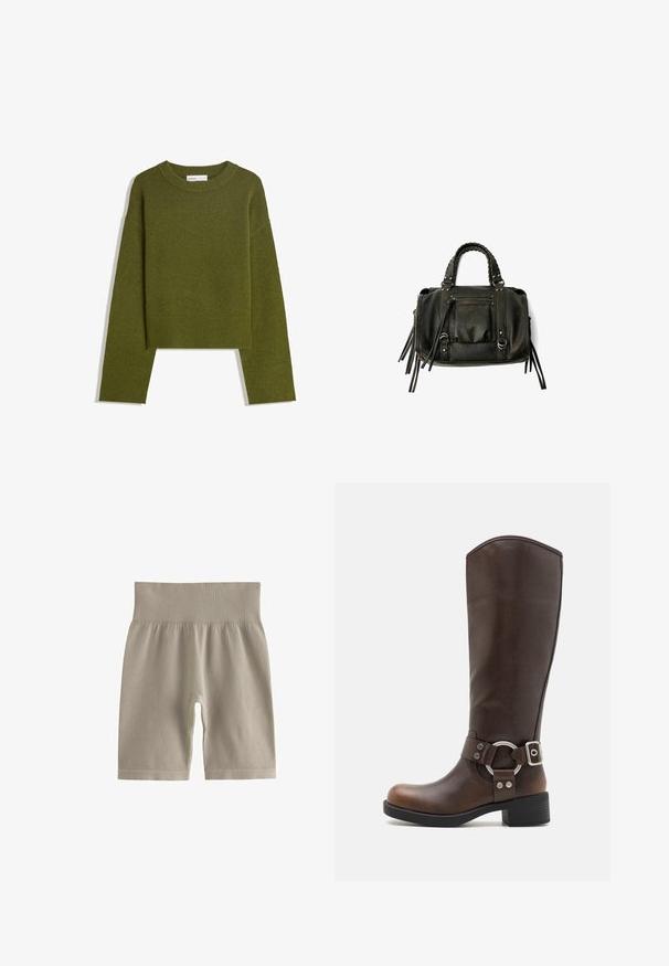 Olívazöld kötött pulóver kerek nyakkal, hosszú ujjakkal és bordázott aljjal. Rövidített fazonú, lágy, texturált felülettel rendelkezik.; Világos bézs, bordázott kerékpáros shortok magas derékkal és puha tapintással, testhez álló fazonnal és térd hosszúsággal.; Barna bőr térd fölé érő csizma kerek fém díszítéssel és csattal. Enyhén textúrázott felsőrész, rétegelt sarkú és kerek orrú kialakítás.; Fekete bőrtáska fonott füllel, cipzáras zsebbel és lógó bojtokkal. Texturált felület fém szegecsekkel és hardver díszítésekkel.