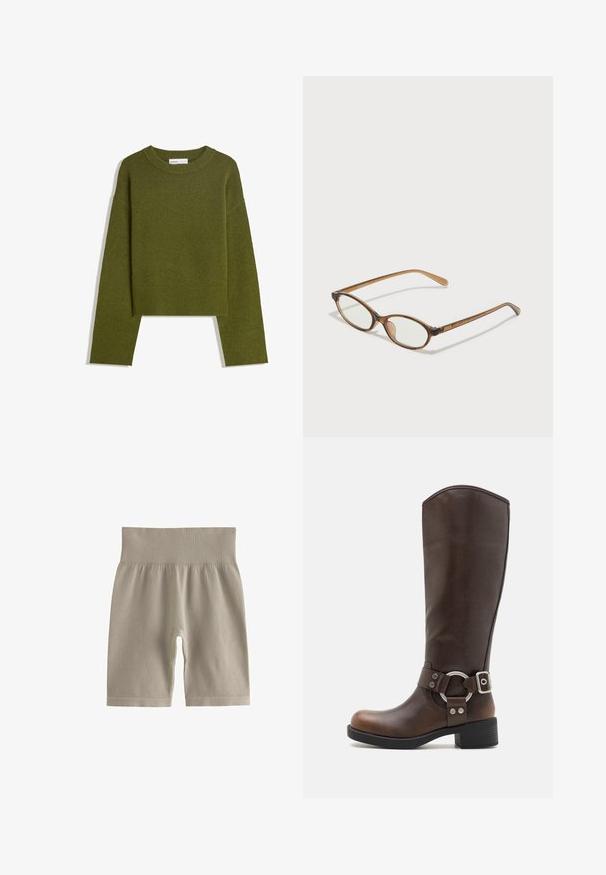 Olijfgroene gebreide trui met een ronde hals, lange mouwen en een geribde zoom. Beschikt over een cropped ontwerp met een zachte, gestructureerde afwerking.; Lichtbeige geribde fietsbroek met een hoge tailleband en zachte textuur, met een strakke pasvorm en een knielange snit.; Bruine leren kniehoge laars met een rond metalen hardwareaccent en gesp. Licht gestructureerd bovenwerk, gestapelde hak en rond neusontwerp.; Bruine schildpadbril met ovale lenzen, dunne armen en transparante accenten. Heeft een subtiele logo op de tempel. Strak, lichtgewicht ontwerp.; Zwarte lederen handtas met gevlochten handvatten, ritsvak en hangende franjes. Gelaagde oppervlakte met metalen studs en hardwareaccenten.