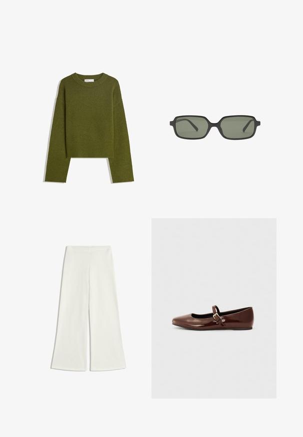 Olivgrüner Strickpullover mit Rundhalsausschnitt, langen Ärmeln und geripptem Saum. Verfügt über ein kurzes Design mit einer weichen, strukturierten Oberfläche.; Weiße, weit geschnittene Hosen aus glattem Stoff. Sie haben eine hohe Taille und keine sichtbaren Nähte, was eine klare Silhouette schafft.; Braune Lackleder-Ballerinas mit quadratischer Zehenform und Riemen mit einer kleinen goldenen Schnalle. Glatte Textur, niedriger Absatz und minimalistisches Design.; Schwarze rechteckige Sonnenbrille mit dunkelgrünen Linsen, die ein flaches Design, minimalistische Seiten und einen leichten Rahmen für hohen Tragekomfort aufweist.; Schwarze Lederhandtasche mit geflochtenen Griffen, Reißverschlussfach und hängenden Quasten. Strukturiert Oberfläche mit Metallnieten und Hardware-Akzenten.