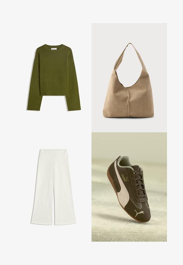 Olivově zelený pletený svetr s kulatým výstřihem, dlouhými rukávy a žebrovaným lemem. Má zkrácený střih a měkký, texturovaný povrch.; Bílé široké kalhoty vyrobené z jemné tkaniny. Mají vysoký pas a žádné viditelné švy, což vytváří čistou siluetu.; Hnědé tenisky Puma s béžovým pruhem a logem, zavázané, odpočívající na strukturovaném béžovém povrchu.; Taška hobo v měkké béžové semišové kůži s uvolněným tvarem, širokým ramenním popruhem a ručně šitým švem na přední straně.
