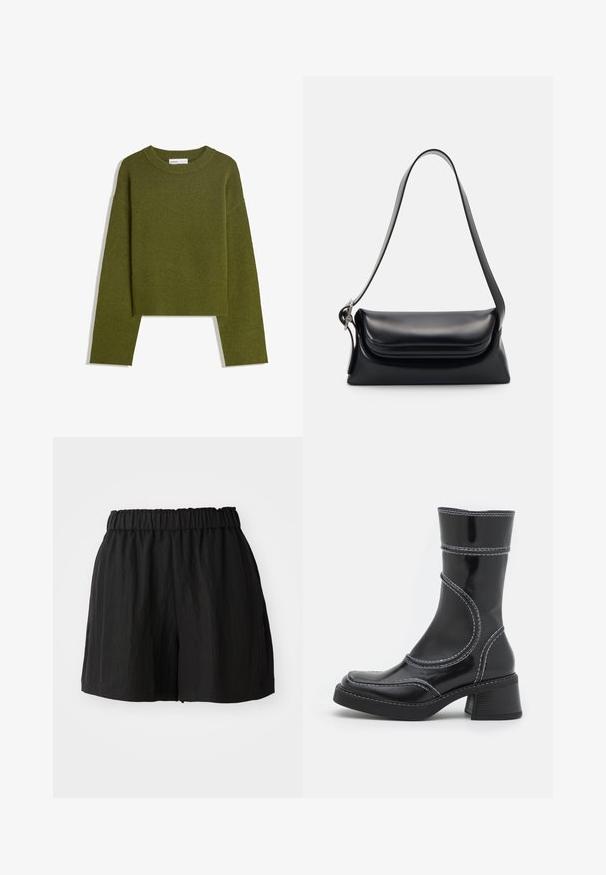 Oliivihreä neulepaita, jossa on pyöreä kaula-aukko, pitkät hihat ja ribattu helma. Sisältää lyhennetyn muotoilun pehmeällä, teksturoidulla pinnalla.; Mustat shortsit, joissa on elastinen vyötärö, löysä istuvuus, sileä pinta ja polvipituus. Ei näkyviä kuvioita tai kiinnityksiä.; Musta lakattu nahkasaapas nilkkamallissa, jossa on valkoiset ompeleet, pyöreä kärki ja lohkarekorko. Ominaisuuksiin kuuluvat kaarevat muotoilulinjat ja sileä pinta.; Musta nahkainen käsilaukku, jossa on jämäkkä muoto, sileä pinta ja yksi olkahihna. Sisältää hienovaraisen, pyöristetyn läppädesignin.