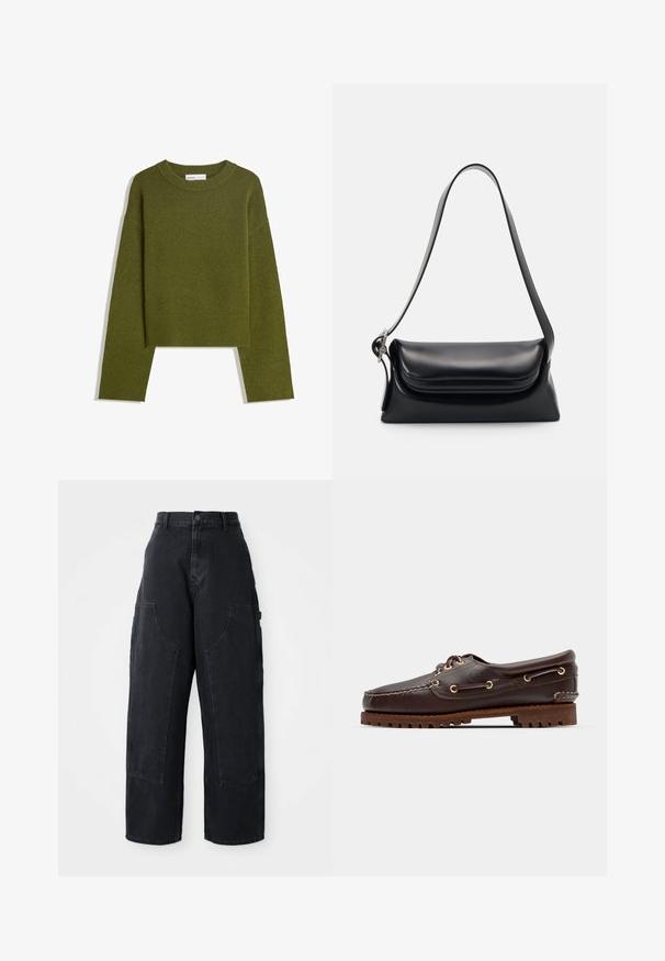 Olijfgroene gebreide trui met een ronde hals, lange mouwen en een geribde zoom. Beschikt over een cropped ontwerp met een zachte, gestructureerde afwerking.; Zwarte denim cargo broek met wijde been, hoge taille, twee grote voorkanten zakken en een knoopsluiting bij de taille. Soepele textuur, casual ontwerp.; Bruine leren bootsschoen met gouden oogjes, ronde veters en een gestructureerde bruine rubberen zool. Kenmerkt zich door gestikte details en een verhoogd logo.; Zwarte leren handtas met een gestructureerde vorm, een gladde textuur en een enkele schouderband. Heeft een subtiele, afgeronde klepontwerp.