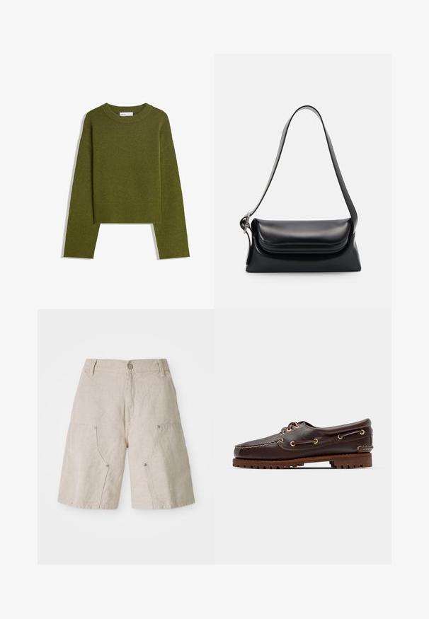 Pulover tricotat de culoare verde măsliniu, cu guler rotund, mâneci lungi și tiv ribotat. Dispune de un croi scurt și are un finisaj moale, texturat.; Shorts din in bej, cu o croială lejeră, având două buzunare frontale și accente metalice circulare. Design casual cu un finisaj texturat.; Șlapi de punt pe culoare maro din piele, cu ochiuri aurii, șireturi rotunde și o talpă texturată din cauciuc maro. Prezintă detalii cusute și un logo ridicat.; Geantă de mână din piele neagră cu o formă structurată, o textură netedă și o singură curea de umăr. Are un design subtil cu clapetă rotunjită.