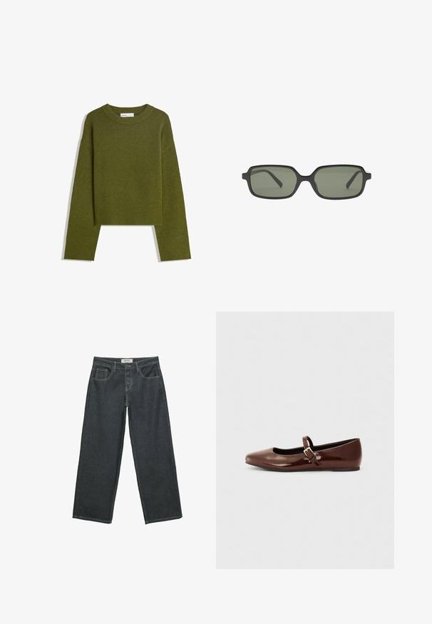 Oliivihreä neulepaita, jossa on pyöreä kaula-aukko, pitkät hihat ja ribattu helma. Sisältää lyhennetyn muotoilun pehmeällä, teksturoidulla pinnalla.; Tummanharmaat leveät farkut, jotka on valmistettu denimistä, korkea vyötärö, viisi taskua ja näkyvät saumanompeleet.; Kahvikuvioinen patentti-nahkainen balettipohja, jossa on neliskulmainen varvasosa ja nauha, jossa on pieni kultainen solki. Sujuva pinta, matala korko ja minimalistinen muotoilu.; Mustat suorakulmaiset aurinkolasit tummanvihreillä linsseillä, joissa on litteä muotoilu, minimalistiset sivut ja kevyet kehykset mukavuutta varten.; Musta nahkainen käsilaukku letitetuilla kahvoilla, vetoketjullinen tasku ja roikkuvat tupsut. Muotoiltu pinta metallisten niittien ja varusteiden korostuksilla.