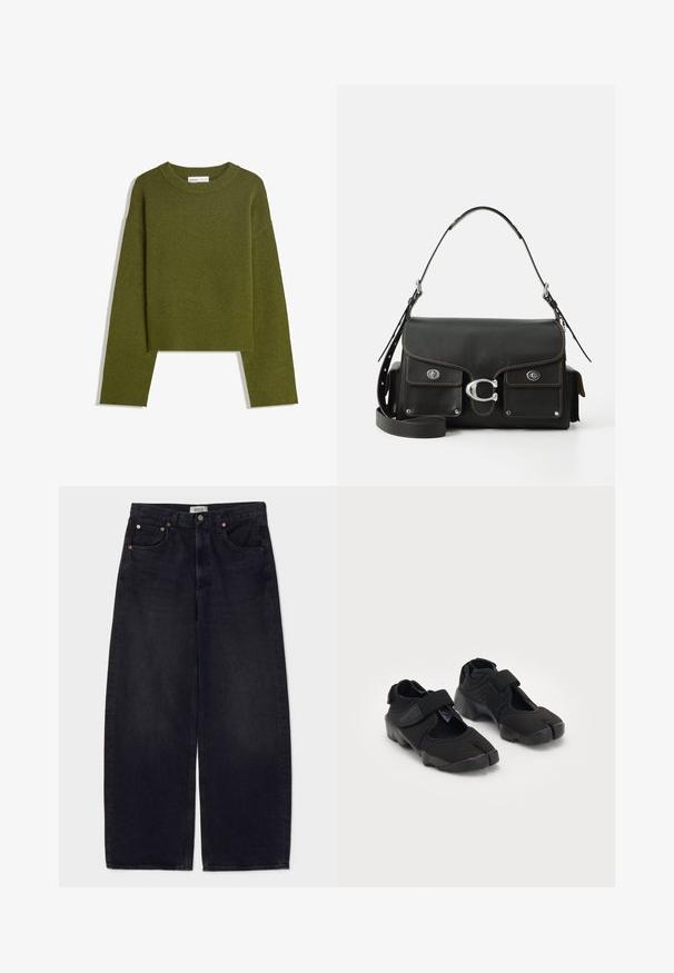 Olijfgroene gebreide trui met een ronde hals, lange mouwen en een geribde zoom. Beschikt over een cropped ontwerp met een zachte, gestructureerde afwerking.; Wijduitlopende zwarte spijkerbroek van denim met koperen knopen, twee voorke pockets en een gladde textuur. Eenvoudig ontwerp met een rechte snit.; Zwarte waterschoenen gemaakt van flexibel materiaal met een klittenbandsluiting, met een unieke gesplitste te ontwerpen en een rubberen zool met textuur voor grip.; Zwarte leren handtas met een klep-sluiting, zilverkleurige hardware, twee voorzakken, contrasterende stiksels en een afneembare schouderriem.; Zilverkleurige Casio kwarts horloge met rechthoekige wijzerplaat, analoge en digitale displays, roestvrijstalen band en waterbestendige eigenschappen.