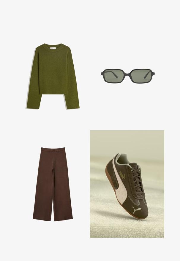 Olivenfarvet strikket sweater med rund hals, lange ærmer og ribbet kant. Har et cropped design med en blød, struktureret overflade.; Brune brede bukser lavet af blødt stof, med et rillet elastisk taljebånd og uden synlige lukninger eller lommer.; Brune Puma sneakers med beige stribe og logo, snøret, hvilende på en struktureret beige overflade.; Sorte rektangulære solbriller med mørkegrønne linser, der har et fladt design, minimalistiske sider og en letvægtsramme for komfort.