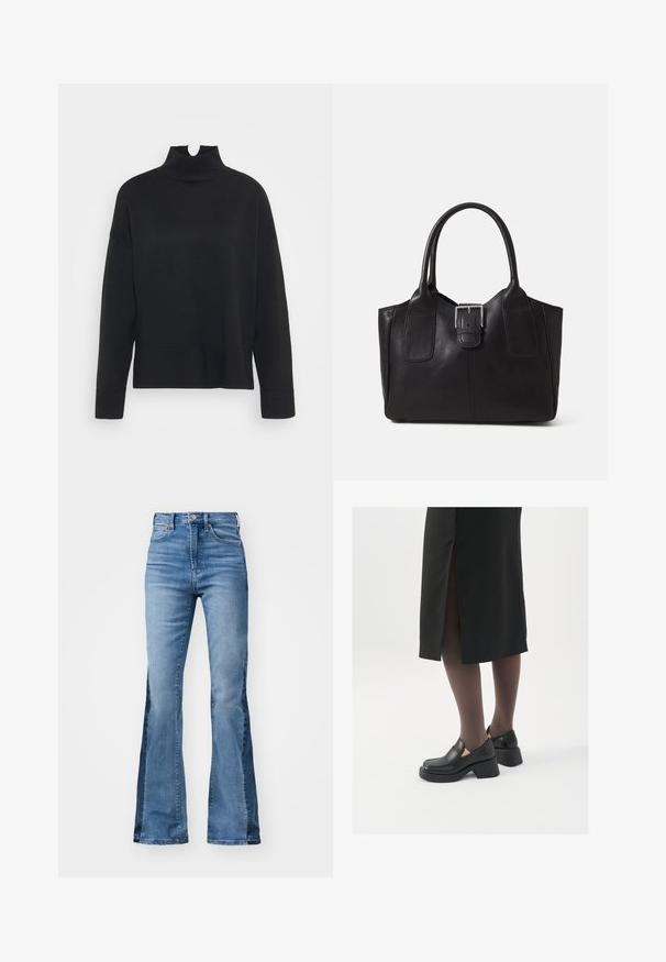 ONLY Tall ONLCOCO LIFE HIGH NECK - Striktrøje - black; Gap Tall 70S - Flared jeans - medium indigo; Sorte lædersko med rund tå, kraftig blokhæl og elastiske sideaccentuer, parret med mørke strømpebukser og en sort nederdel med slids.; Sort læder tote taske med glat tekstur, struktureret form, to håndtag og en fremtrædende sølvspænde detalje på forsiden.