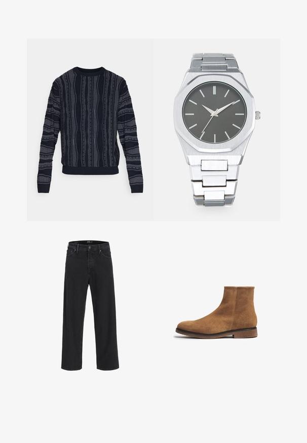 Redefined Rebel TETON REGULAR FIT - Svetr - black grey; Černé džíny rovného střihu z denimu s knoflíkovým a zipovým zapínáním, poutky na opasek a předními i zadními kapsami.; FRED MARTIN COLLECTION SOTOGRANDE - Kotníkové boty - camel suede; Stříbrné analogové hodinky s osmiúhelníkovým pouzdrem, šedým ciferníkem, stříbrnými indexy a nerezovým ocelovým náramkem. Minimalistický design s hladkou texturou.