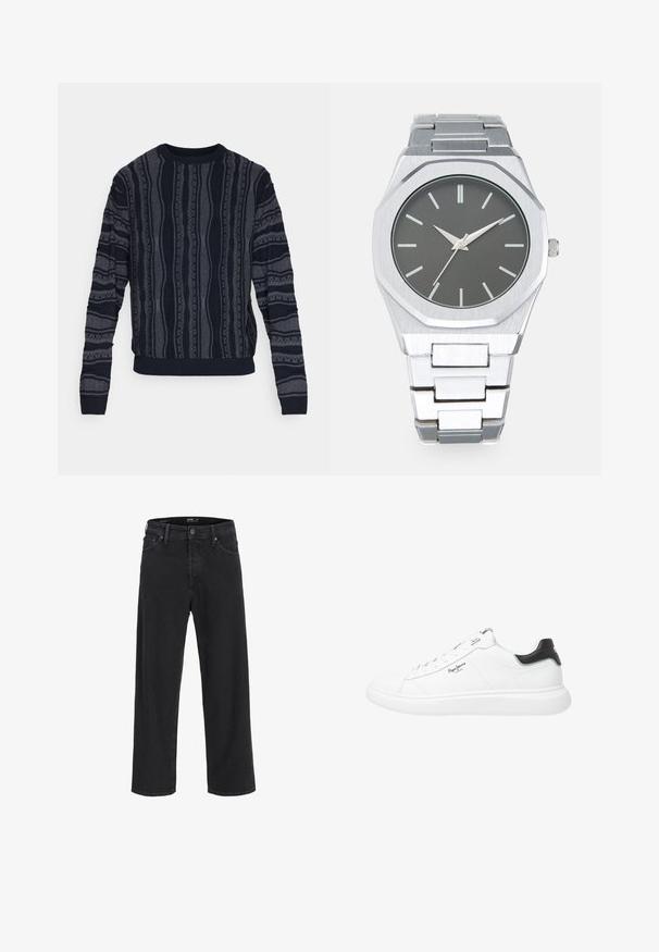 Redefined Rebel TETON REGULAR FIT - Camisola - black grey; Calças de ganga pretas de perna reta com fecho de botão e zíper, passantes para cinto e bolsos frontais e traseiros.; Ténis brancos de cano baixo feitos de couro com um acabamento suave, apresentando detalhes em preto no calcanhar, atacadores redondos e costura lateral discreta.; Relógio analógico prateado com caixa octogonal, mostrador cinza, marcadores de horas prateados e bracelete de elos em aço inoxidável. Design minimalista com textura suave.