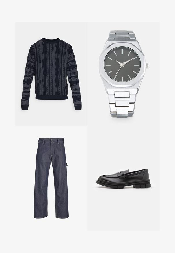 Redefined Rebel TETON REGULAR FIT - Neule - black grey; Tummansinisiä farkkuhousuja, joissa on suora lahje, edessä nappisuljenta, kontrastiväriset tikkaukset ja sivutaskudetail.; Mustat nahkaa olevat loaferit, joissa on sileä pinta, varustettuna edessä olevalla hihnalla ja paksulla kumipohjalla, jossa on uritettua muotoilua.; Harmaa kellotaulu, hopeinen analoginen kello, jossa on oktogonaalinen kuori, hopeaiset tuntimerkinnät ja ruostumatonta terästä valmistettu linkkiranneke. Minimalistinen muotoilu, jossa on sileä pinta.