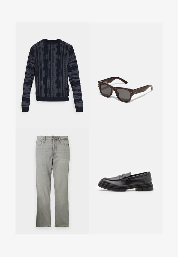 Redefined Rebel TETON REGULAR FIT - Neule - black grey; Vaaleanharmaat farkut suoralla leikkauksella, viidellä taskulla, edessä vetoketjulla ja hienovaraisella haalistuneella pinnalla.; Mustat nahkaa olevat loaferit, joissa on sileä pinta, varustettuna edessä olevalla hihnalla ja paksulla kumipohjalla, jossa on uritettua muotoilua.; Laadukkaat kilpikonnakuosiset aurinkolasit, joissa on tummat linssit ja nelikulmainen kehys, jossa on hopeiset korostenapit etuosassa. Valmistettu muovista, kevyet ja kestäviä.; Harmaa kellotaulu, hopeinen analoginen kello, jossa on oktogonaalinen kuori, hopeaiset tuntimerkinnät ja ruostumatonta terästä valmistettu linkkiranneke. Minimalistinen muotoilu, jossa on sileä pinta.