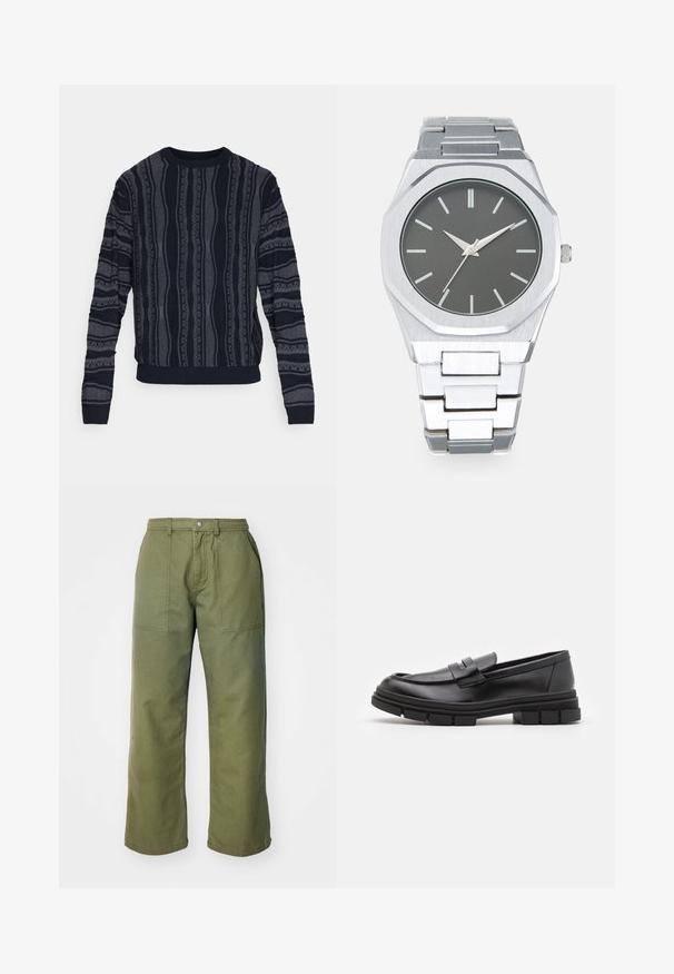 Redefined Rebel TETON REGULAR FIT - Džemperis - black grey; Olīvzaļi platajā kaza ausa, izgatavota no izturīgas auduma, ar rāvējslēdzēju, priekšējām kabatām un vienkāršām šuvju detaļām.; Melni ādas loafers ar gludu apdari, ar priekšējo siksniņu un masīvu gumijas zoli ar izgriezumiem.; Sudraba analogais pulkstenis ar astoņstūru korpusu, pelēku ciparnīcu, sudraba stundu atzīmēm un nerūsējošā tērauda saiti. Minimālisma dizains ar gludu tekstūru.