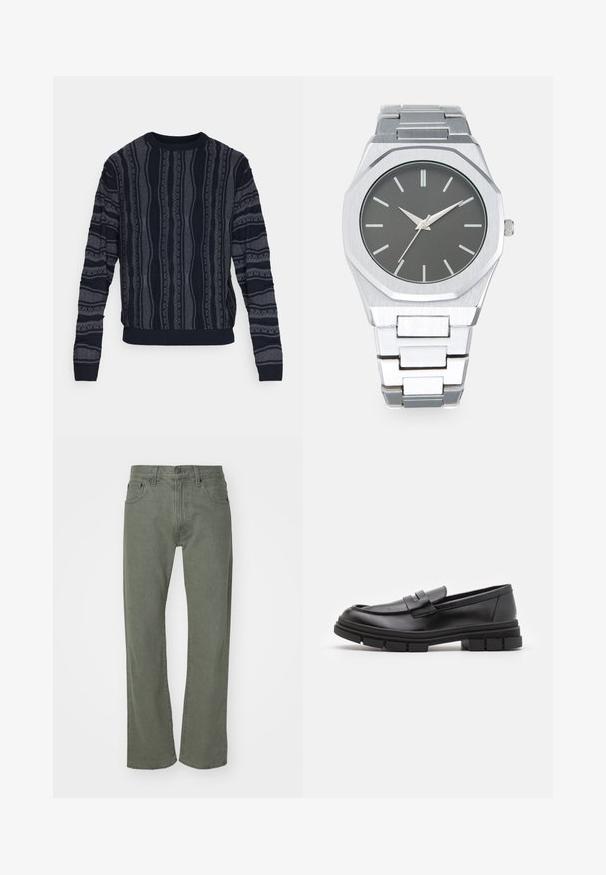 Redefined Rebel TETON REGULAR FIT - Jumper - black grey; GAP PANT - Slim fit jeans - olive; Black leather loafers with a smooth finish, featuring a front strap detail and a chunky rubber sole with grooved accents.; Silver analog watch with an octagonal case, gray dial, silver hour markers, and a stainless steel link bracelet. Minimalist design with smooth texture.