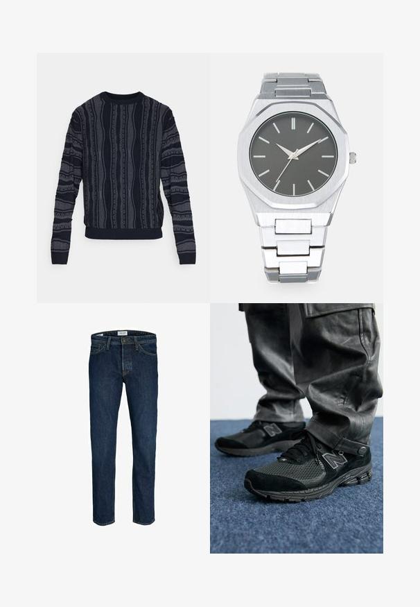 Redefined Rebel TETON REGULAR FIT - Maglione - black grey; Jeans in denim blu scuro con design a gamba dritta, caratterizzati da uno stile classico a cinque tasche e una chiusura con bottone metallico visibile in vita.; Le sneakers nere New Balance presentano un mix di materiali in rete e camoscio, una suola nera texturizzata e un logo prominente sul lato.; Orologio analogico argento con cassa ottagonale, quadrante grigio, indicatori delle ore argentati e bracciale in acciaio inossidabile. Design minimalista con texture liscia.