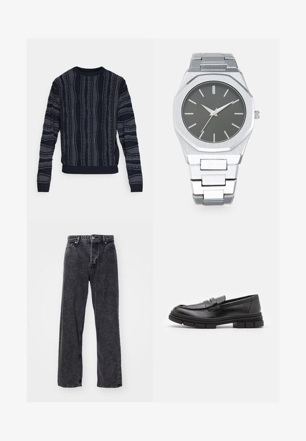 Redefined Rebel TETON REGULAR FIT - Džemperis - black grey; Jack & Jones JJIALEX JJORIGINAL - Plati džinsi - black denim; Melni ādas loafers ar gludu apdari, ar priekšējo siksniņu un masīvu gumijas zoli ar izgriezumiem.; Sudraba analogais pulkstenis ar astoņstūru korpusu, pelēku ciparnīcu, sudraba stundu atzīmēm un nerūsējošā tērauda saiti. Minimālisma dizains ar gludu tekstūru.
