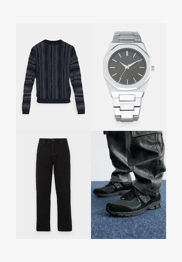 Redefined Rebel TETON REGULAR FIT - Jumper - black grey; Black denim jeans with a straight leg design, featuring a button closure, belt loops, and classic five-pocket styling.; Black New Balance sneakers feature a mix of mesh and suede materials, a textured black outsole, and a prominent logo on the side.; Silver analog watch with an octagonal case, gray dial, silver hour markers, and a stainless steel link bracelet. Minimalist design with smooth texture.