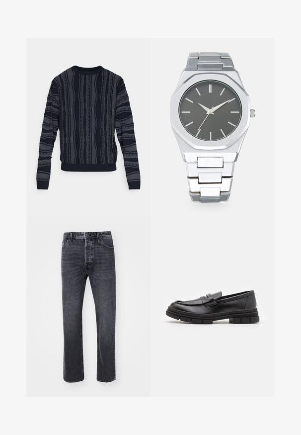 Redefined Rebel TETON REGULAR FIT - Maglione - black grey; Jeans in denim nero con taglio dritto, dotati di cinque tasche, chiusura a bottone e un leggero effetto sbiadito sul tessuto.; Mocassini in pelle nera con finitura liscia, dotati di un dettaglio di cinturino anteriore e di una suola in gomma spessa con accenti scanalati.; Orologio analogico argento con cassa ottagonale, quadrante grigio, indicatori delle ore argentati e bracciale in acciaio inossidabile. Design minimalista con texture liscia.