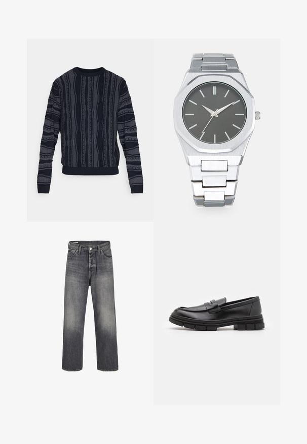 Redefined Rebel TETON REGULAR FIT - Jersey de punto - black grey; Jeans de mezclilla en un color negro deslavado, con un diseño de pierna recta, estilo de cinco bolsillos y cierre de botón metálico en la cintura.; Mocasines de piel negra con un acabado suave, que presentan un detalle de correa en la parte delantera y una suela de goma gruesa con acentos acanalados.; Reloj analógico plateado con caja octagonal, esfera gris, marcadores de hora plateados y pulsera de eslabones de acero inoxidable. Diseño minimalista con textura suave.