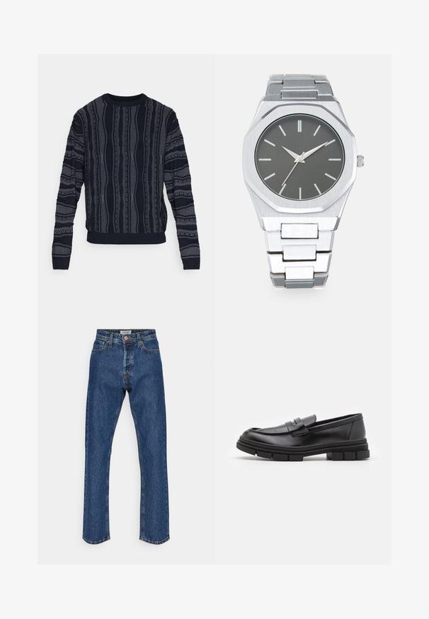 Redefined Rebel TETON REGULAR FIT - Vesta - black grey; Tamno plave traperice s visokim strukom i ravnim nogavicama. Imaju kopčanje na dugme, pet džepova i kontrastnu šav.; Crni kožni loafers s glatkom završnom obradom, s detaljem prednjeg remena i debelim gumenim potplatom s urezanim akcentima.; Srebrni analogni sat s osmostranim kućištem, sivoj brojčanici, srebrnim markerima za sate i narukvicom od nehrđajućeg čelika. Minimalistički dizajn s glatkom teksturom.