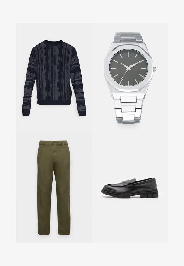 Redefined Rebel TETON REGULAR FIT - Vesta - black grey; Maslinasto zelene pamučne hlače sa ravnim krojem, zatvaranjem na dugme i minimalnim detaljima šavova. Glatka tekstura i bez izraženih uzoraka.; Crni kožni loafers s glatkom završnom obradom, s detaljem prednjeg remena i debelim gumenim potplatom s urezanim akcentima.; Srebrni analogni sat s osmostranim kućištem, sivoj brojčanici, srebrnim markerima za sate i narukvicom od nehrđajućeg čelika. Minimalistički dizajn s glatkom teksturom.