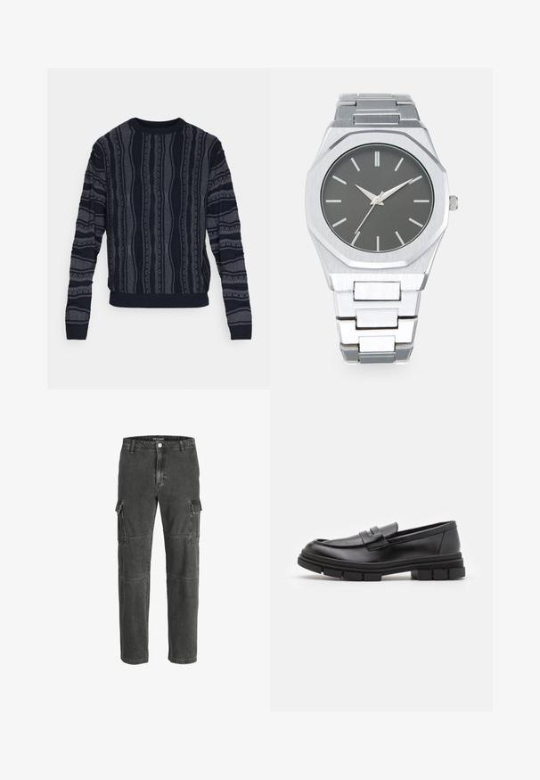 Redefined Rebel TETON REGULAR FIT - Pulover - black grey; Cargo hlače iz temno sive denim tkanine. Imajo več žepov, sproščen kroj in šivano obdelavo. Klasičen pas z sprednjim gumbom.; Črne usnjene loafersice z gladkim zaključkom, ki imajo sprednji trak in debel gumijast podplat z utori.; Srebrna analogna ura z osmokotno ohišje, siva številčnica, srebrni kazalci ter pas iz nerjavečega jekla. Minimalističen dizajn s hladno teksturo.