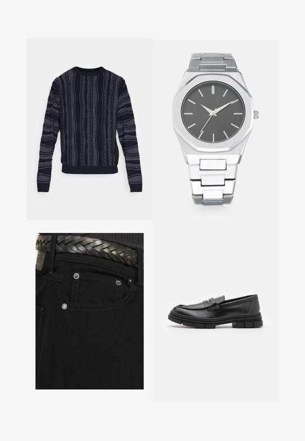 Redefined Rebel TETON REGULAR FIT - Jersey de punto - black grey; Jack & Jones JJIALEX JJORIGINAL - Vaqueros baggy - black; Mocasines de piel negra con un acabado suave, que presentan un detalle de correa en la parte delantera y una suela de goma gruesa con acentos acanalados.; Reloj analógico plateado con caja octagonal, esfera gris, marcadores de hora plateados y pulsera de eslabones de acero inoxidable. Diseño minimalista con textura suave.