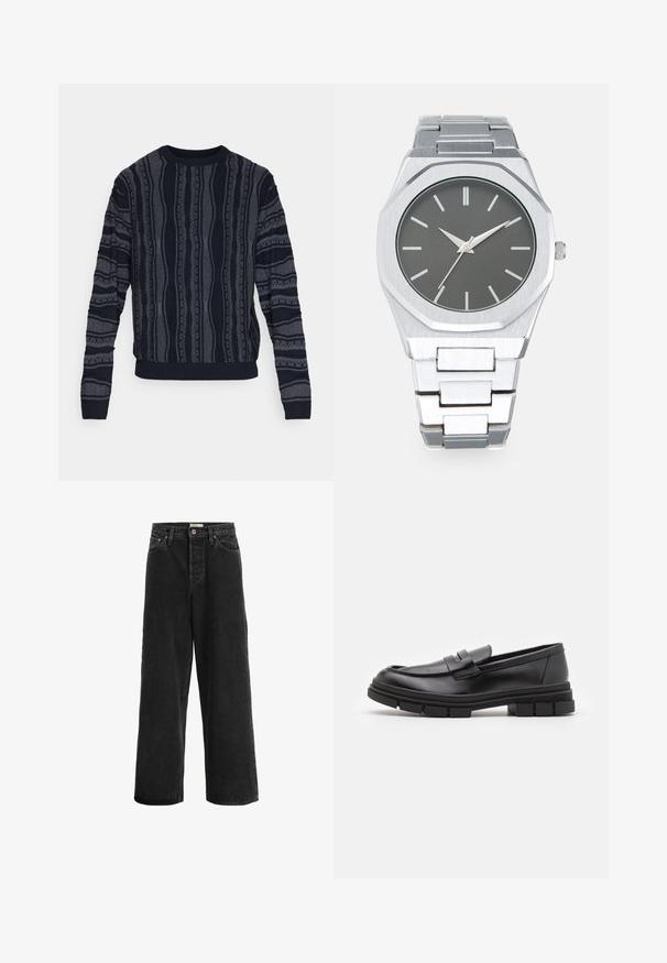 Redefined Rebel TETON REGULAR FIT - Jersey de punto - black grey; Jeans de pierna ancha negros fabricados en denim. Presentan una cintura alta, dos bolsillos frontales, un cierre con botón y detalles de costura sutiles.; Mocasines de piel negra con un acabado suave, que presentan un detalle de correa en la parte delantera y una suela de goma gruesa con acentos acanalados.; Reloj analógico plateado con caja octagonal, esfera gris, marcadores de hora plateados y pulsera de eslabones de acero inoxidable. Diseño minimalista con textura suave.