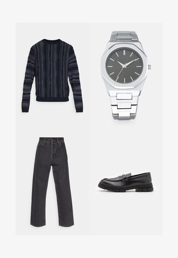 Redefined Rebel TETON REGULAR FIT - Džemper - black grey; Kõrge vöökoht, sirged põlved tumedas hallis denimis, klassikalise viie tasku disainiga ja kontrastsete õmblustega õmblustes.; Mustad musta naha sussid sujuva viimistlusega, esiosal rihmaga detail ning paksu kummitaldaga, mis on kaunistatud soontega.; Hõbedane analoogkell, millel on oktagonaalne korpus, hall kelladial, hõbedased näidikud ja roostevabast terasest link-rihm. Minimalistlik disain sujuva tekstuuriga.