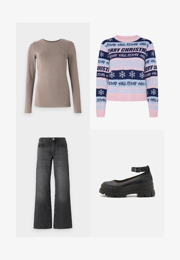 Gestickter Weihnachtspullover mit abwechselnden Streifen in Marineblau, Hellblau und Pink. Der Text umfasst "FROHE WEIHNACHTEN" und Schneeflockenmuster.; GAP CREW - Langarmshirt - grey; Weite Jeans aus dunkelgrauem Denim. Mit fünf Taschen, einem Knopfverschluss und dezentem Verblassen des Stoffes. Klassische Nähte betonen das Design.; Buffalo ASPHA - Plateaupumps - black