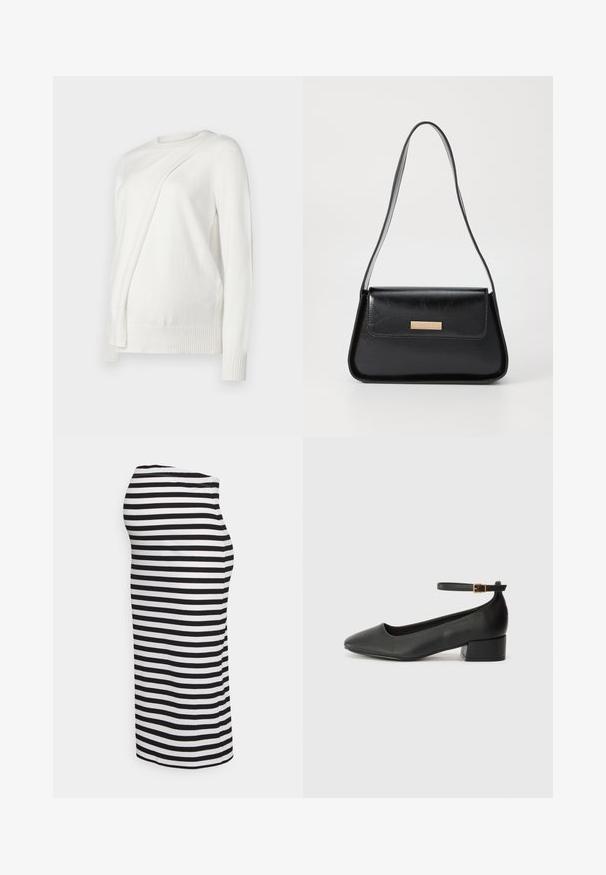 Bílý svetr s dlouhým rukávem a kulatým výstřihem, se šikmým skládáním na přední straně a žebrovanými manžetami a lemem. Měkký materiál.; Černobílé pruhované midi šaty s ribbed texturou, přiléhavý střih a kulatý výstřih. Boční pohled efektivně ukazuje design.; Černé kožené lodičky s špičatou špičkou a nízkým blokovým podpatkem. Obsahují pásek kolem kotníku se zlatou sponou. Hladký povrch.; Černá kožená kabelka se strukturovaným trojúhelníkovým tvarem, štíhlým popruhem a zlatými kovovými prvky, na přední klopě s logovými destičkami.