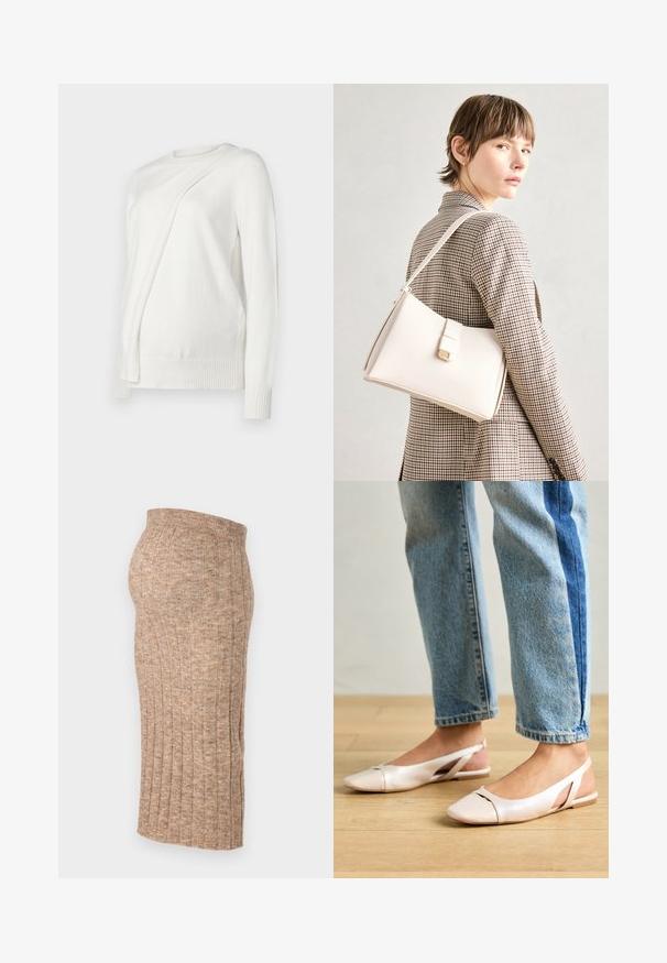 Pulover alb cu mânecă lungă și guler rotund, având un design pliat diagonal pe față și manșete și tiv din tricot. Material moale.; Fustă castanie cu nervuri, cu talie elastică, până la genunchi, având o textură netedă și un model uniform, prezentată din lateral pe un fundal alb.; Sandalete plate de un roz pal cu vârf ascuțit, realizate dintr-un material asemănător pielii, neted. Prezintă detalii decupate pe laterale și un toc plat.; Geantă de mână din piele albă cu un design structurat, având o închidere magnetică și un breteau, expusă pe un fundal neutru.