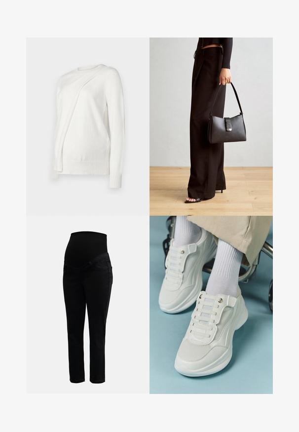 Bela dolga rokavična majica s krožnim izrezom, ki ima diagonalno zloženo zasnovo spredaj ter rebraste manšete in spodnji rob. Mehka tkanina.; Črne nosečniške hlače z raztegljivim visokim pasom in oprijetimi nogavicami, zasnovane za udobje in podporo med nosečnostjo.; Bele teniske z mrežastim materialom, gumene podplate, brez vezalk, z elastikami in zlatimi akcenti.; Črna torbica z strukturirano obliko, gladko teksturo in kovinskim zaponko. Ujemajo se z širokimi črnimi hlačami in odprtimi sandali na lesenem tleh.