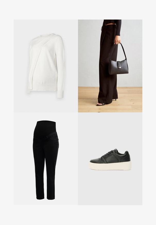 Sweater branco de mangas compridas com um decote redondo, apresentando um design diagonal dobrado na frente e punhos e bainha canelados. Material suave.; Calças de maternidade pretas com cintura alta elástica e pernas slim-fit, projetadas para oferecer conforto e apoio durante a gravidez.; Sapatilha de couro preta com uma textura suave, sola grossa de cor creme, bico redondo e design clássico de atacadores. Detalhes de costura subtis.; Bolsa preta com forma estruturada, textura suave e um fecho metálico. Combinada com calças largas pretas e sandálias de salto aberto sobre um chão de madeira.