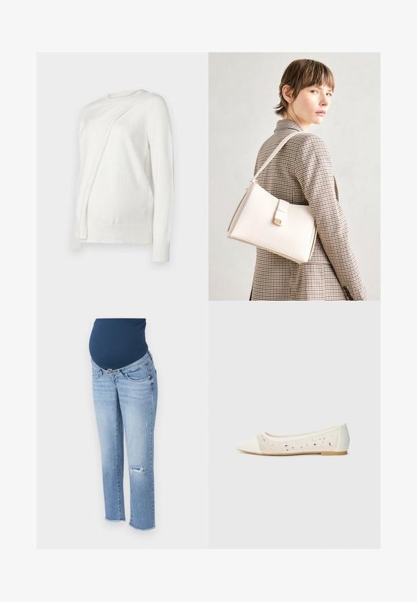 Valkoinen pitkähihaisen neuleen, jossa on pyöreä kaula-aukko, etuosassa on diagonaalinen laskostettu muotoilu ja ribbireunukset hihoissa sekä helman kohdalla. Pehmeä materiaali.; Äitiysfarkut, joissa on tummansininen elastinen mahapaneli, vaaleansininen farkkukangas, kapeat lahkeet, kuluneet polvisyvennykset ja repaleinen lahje.; Pointe suora in pelle crema con tomaia trasparente decorata da strass sparsi. Suola morbida per comfort, design minimalista.; Valkoinen nahkainen käsilaukku, jossa on jämäkkä muotoilu, magneettinen suljin ja olkahihna, esillä neutraalilla taustalla.