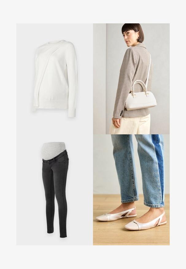 Fehér, hosszú ujjú pulóver kerek nyakkivágással, az elején átlósan hajtott dizájnnal, bordás mandzsettákkal és szegéllyel. Puha anyag.; Sötét szürke farmer anyasági nadrág puha, szürke rugalmas derékpánttal a kényelem érdekében. Karcsú szabás, hagyományos zsebekkel.; Világos rózsaszín slingback laposlábú cipők, hegyes orral, sima bőrhatású anyagból készült. Oldalt kivágott részletek találhatók rajta, valamint lapos sarkú.; Fehér, strukturált kézitáska rövid füllel és vállpánttal, arany színű fém kiegészítőkkel és texturált anyagból, szürke háttér előtt bemutatva.