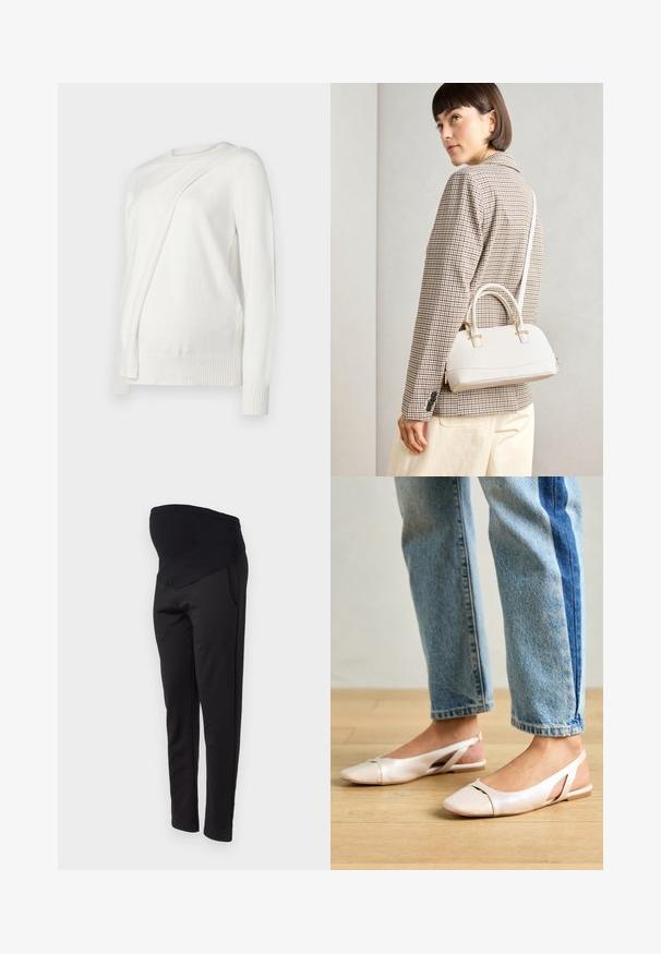 Fehér, hosszú ujjú pulóver kerek nyakkivágással, az elején átlósan hajtott dizájnnal, bordás mandzsettákkal és szegéllyel. Puha anyag.; ONLY MATERNITY OLMGISELEA - Nadrágok - black; Világos rózsaszín slingback laposlábú cipők, hegyes orral, sima bőrhatású anyagból készült. Oldalt kivágott részletek találhatók rajta, valamint lapos sarkú.; Fehér, strukturált kézitáska rövid füllel és vállpánttal, arany színű fém kiegészítőkkel és texturált anyagból, szürke háttér előtt bemutatva.