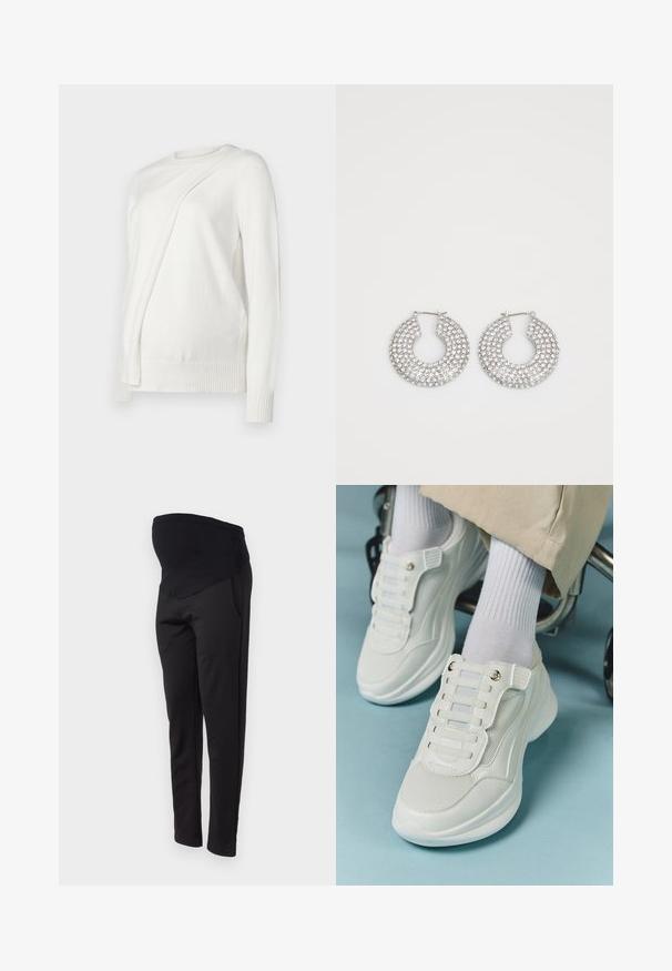 Witte lange mouwen trui met een ronde halslijn, voorzien van een diagonale gevouwen ontwerp aan de voorkant en geribde boorden en zoom. Zacht materiaal.; ONLY MATERNITY OLMGISELEA - Broek - black; Witte sneakers met een mesh materiaal, rubberen zool, vetersloze uitvoering met elastische banden en gouden accenten.; Zilveren hoepeloorbellen versierd met meerdere heldere kristalaccenten, met een gestructureerd oppervlak en een open cirkelvormig ontwerp.
