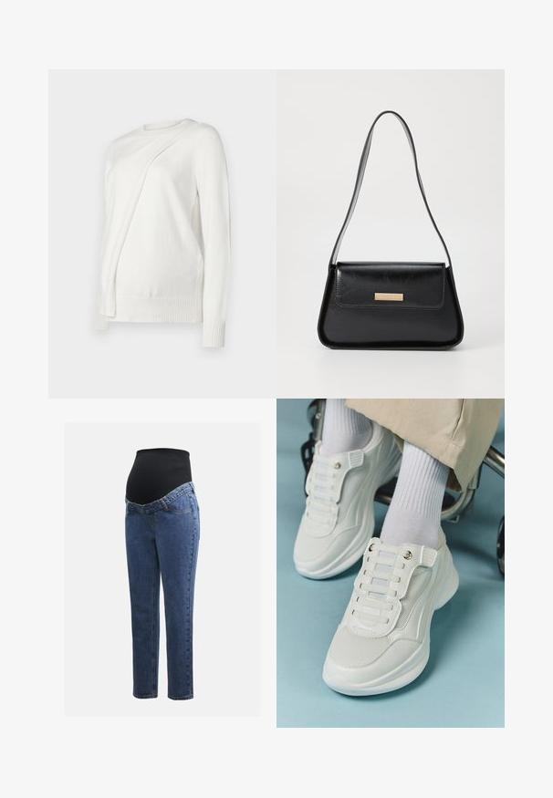 Bílý svetr s dlouhým rukávem a kulatým výstřihem, se šikmým skládáním na přední straně a žebrovanými manžetami a lemem. Měkký materiál.; Těhotenské džíny s modrými denimovými nohavicemi a černým elastickým břišním panelem navrženým tak, aby podporoval a zakrýval rostoucí bříško.; Bílé tenisky s materiálem z mešové tkaniny, gumovou podrážkou, bezšňůrovým designem s elastickými pásky a zlatými akcenty.; Černá kožená kabelka se strukturovaným trojúhelníkovým tvarem, štíhlým popruhem a zlatými kovovými prvky, na přední klopě s logovými destičkami.