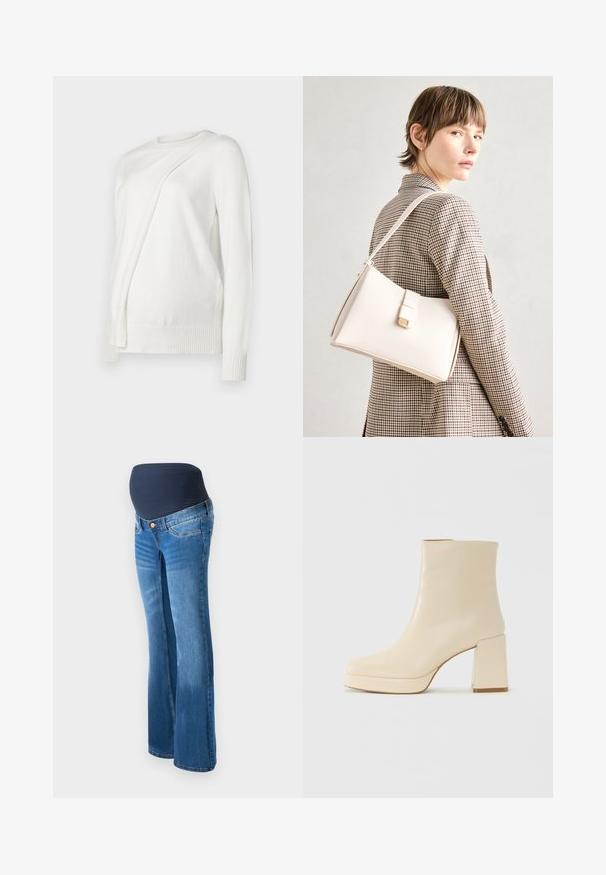 Bílý svetr s dlouhým rukávem a kulatým výstřihem, se šikmým skládáním na přední straně a žebrovanými manžetami a lemem. Měkký materiál.; Těhotenské džíny vyrobené z modrého denim, s tmavě modrou strečovou vsadkou v pase, rozšířenými nohavicemi a klasickým pětikapsovým designem.; Béžová kožená kotníková bota s blokovým podpatkem a platformovou podrážkou, hladký povrch a mírně čtvercová špička, otočená vlevo na bílém pozadí.; Bílá kožená kabelka se strukturálním designem, s magnetickým uzávěrem a ramenním popruhem, prezentovaná na neutrálním pozadí.