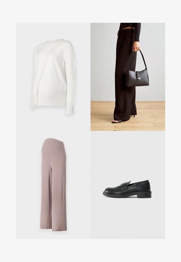 Valkoinen pitkähihaisen neuleen, jossa on pyöreä kaula-aukko, etuosassa on diagonaalinen laskostettu muotoilu ja ribbireunukset hihoissa sekä helman kohdalla. Pehmeä materiaali.; Vaaleanpunaiset, kammatut leveälahkeiset housut ilman saumoja vyötäröllä, joissa on pehmeä, tekstuurinen kangas ja rento siluetti.; Musta nahkainen loafers-mallinen kenkä pyöreällä varvalla, ommelluilla yksityiskohdilla ja pienellä korolla. Yksinkertainen pinta ja joustava kumipohja.; Musta käsilaukku, jossa on rakenteellinen muoto, sileä pinta ja metallinen solki. Yhdistetty leveisiin mustiin housuihin ja avonaiheisiin sandaaleihin puulattialla.