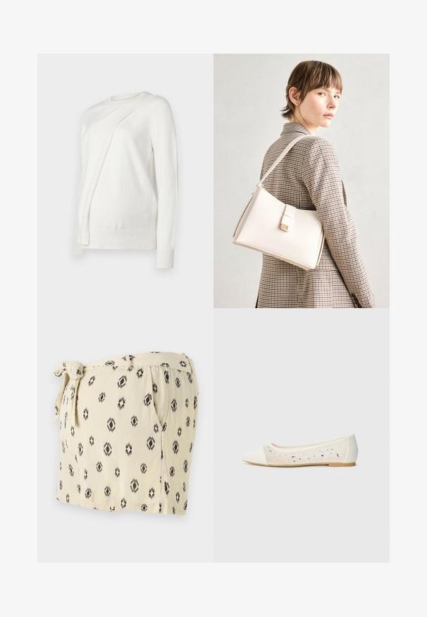 Sweater branco de mangas compridas com um decote redondo, apresentando um design diagonal dobrado na frente e punhos e bainha canelados. Material suave.; Calções bege claros com padrões geométricos pretos, com cintura ajustável, bolsos laterais e um corte descontraído. Feitos de um tecido suave.; Sandal com biqueira apontada em pele creme com parte superior transparente decorada com strass dispersos. Sola macia para conforto, design minimalista.; Bolsa de mão em couro branco com um design estruturado, apresentando um fecho magnético e uma alça de ombro, exibida sobre um fundo neutro.