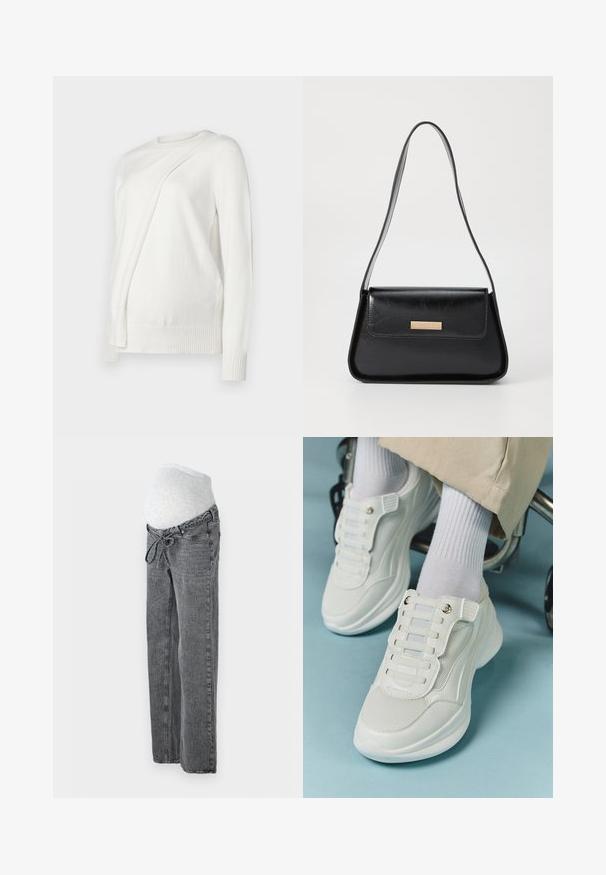 White long-sleeve sweater with a round neckline, featuring a diagonal folded design on the front and ribbed cuffs and hem. Soft material.; Vero Moda Maternity VMMTESSA WIDE BELT - Relaxed fit jeans - medium grey denim; White sneakers featuring a mesh material, rubber sole, lace-free design with elastic bands, and gold-toned accents.; Black leather handbag with a structured triangular shape, slim strap, and gold-tone hardware featuring a logo plaque on the front flap.