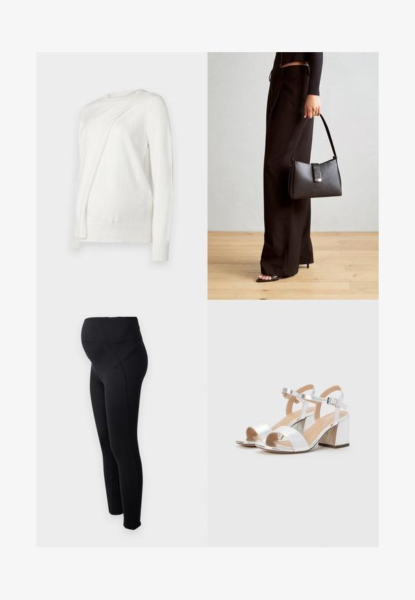 Biały sweter z długim rękawem, o okrągłym dekolcie, z ukośnym złożonym wzorem z przodu oraz prążkowanymi mankietami i dołem. Miękki materiał.; Czarne legginsy ciążowe z wysokim stanem, wykonane z elastycznego materiału. Charakteryzują się gładką fakturą i dopasowanym krojem dla wygody.; Srebrne sandały na wysokim obcasie z otwartymi palcami, z dwiema szerokimi paskami i zaokrąglonym blokowym obcasem. Gładka tekstura z metalicznym wykończeniem.; Czarna torebka o usztywnionym kształcie, gładkiej fakturze i metalowym zapięciem. Połączona z szerokimi czarnymi spodniami i sandałami na otwartym palcu na drewnianej podłodze.