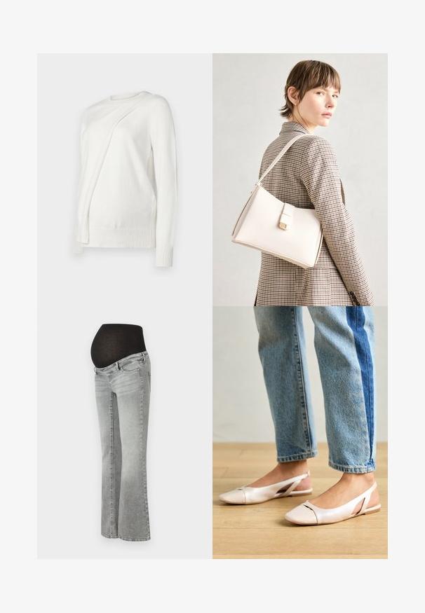 Bela dolga rokavična majica s krožnim izrezom, ki ima diagonalno zloženo zasnovo spredaj ter rebraste manšete in spodnji rob. Mehka tkanina.; Hlače za nosečnice iz sive denimske tkanine s raztegnjenim črnim delom nad trebuhom, s straight-leg obliko in subtilno bledim vzorcem.; Svijetloružičaste slingback balerinke s šiljastim nožnim prstima, napravljene od glatkog materijala nalik koži. Imaju izrezane detalje sa strane i ravne pete.; Bela usnjena torba s strukturirano zasnovo, opremljena z magnetnim zapiranjem in naramnico, prikazana na nevtralni ozadju.