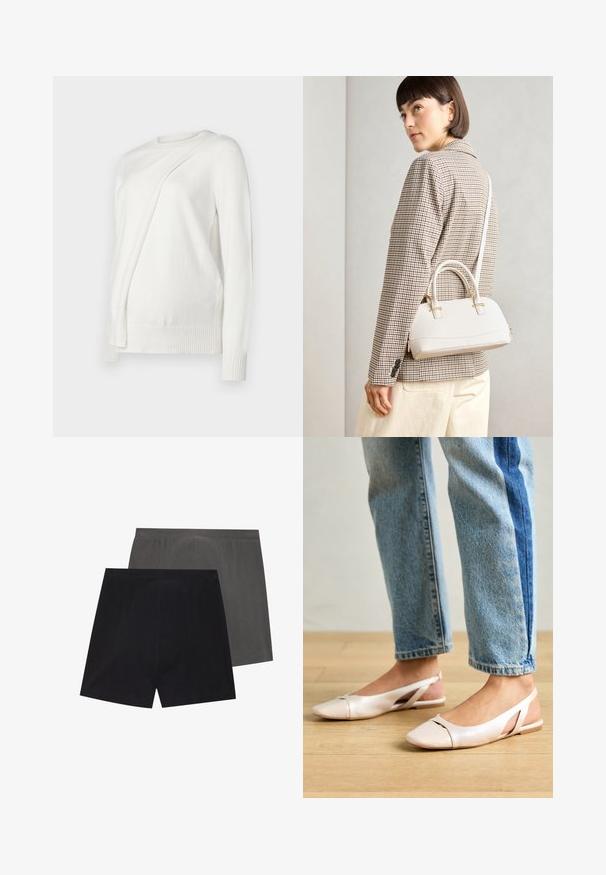 Baltas ilgas rankovės megztinis su apvaliu iškirpimu, turintis įstrižai sulankstytą dizainą priekyje ir raštuotus rankogalvius bei apačią. Minkšta medžiaga.; Dvi šortų poros: viena tamsiai pilka, kita juoda. Abi turi raštuotą tekstūrą ir elastinę juostą.; Šviesiai rožiniai slingback baleto bateliai su smailiu pirštu, pagaminti iš lygios odai panašios medžiagos. Yra išpjovimų detalės šonuose ir plokščias kulnas.; Balta struktūruota rankinė su trumpomis rankenomis ir peties diržu, su auksinėmis detalėmis ir tekstūruota medžiaga, pastatyta prieš pilką foną.